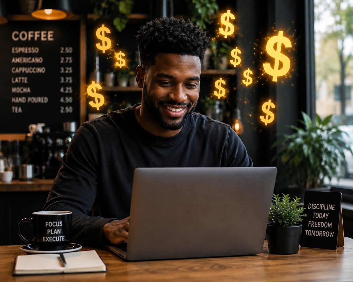Nigerian remote worker earning in dollars from a laptop in a coffee shop